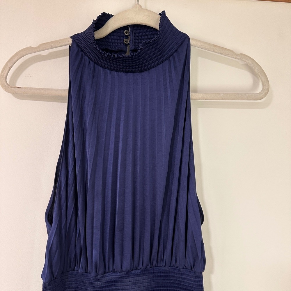 A.L.C. Renzo Pleated Midi Blouson Dress Women 6 Navy Blue Smocked Wedding Guest